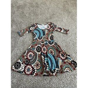 persaya 3/4 Sleeve Green Multicolor Geometric Print Dress A Line Boho Size Small